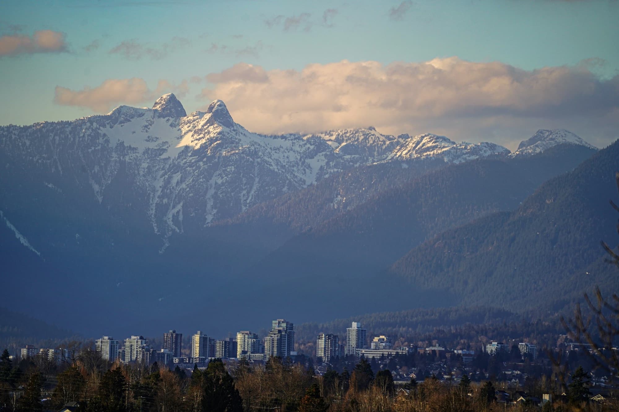 Snow-covered peaks above a forested ridge, with a low city skyline and treeline along the base of the frame.